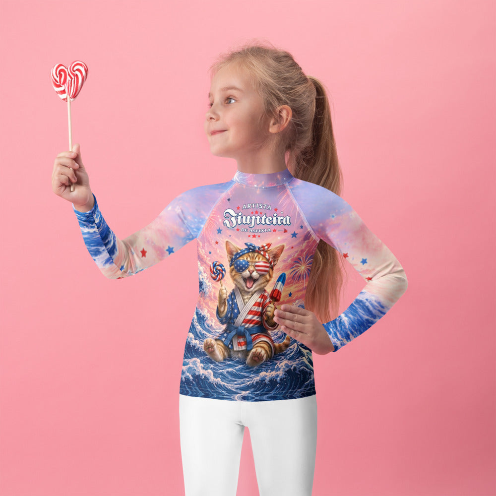 Kids Patriotic Cat Rash Guard | Funny 4th of July BJJ Rashguard for Boys & Girls | Jiujiteira No-Gi Compression Shirt