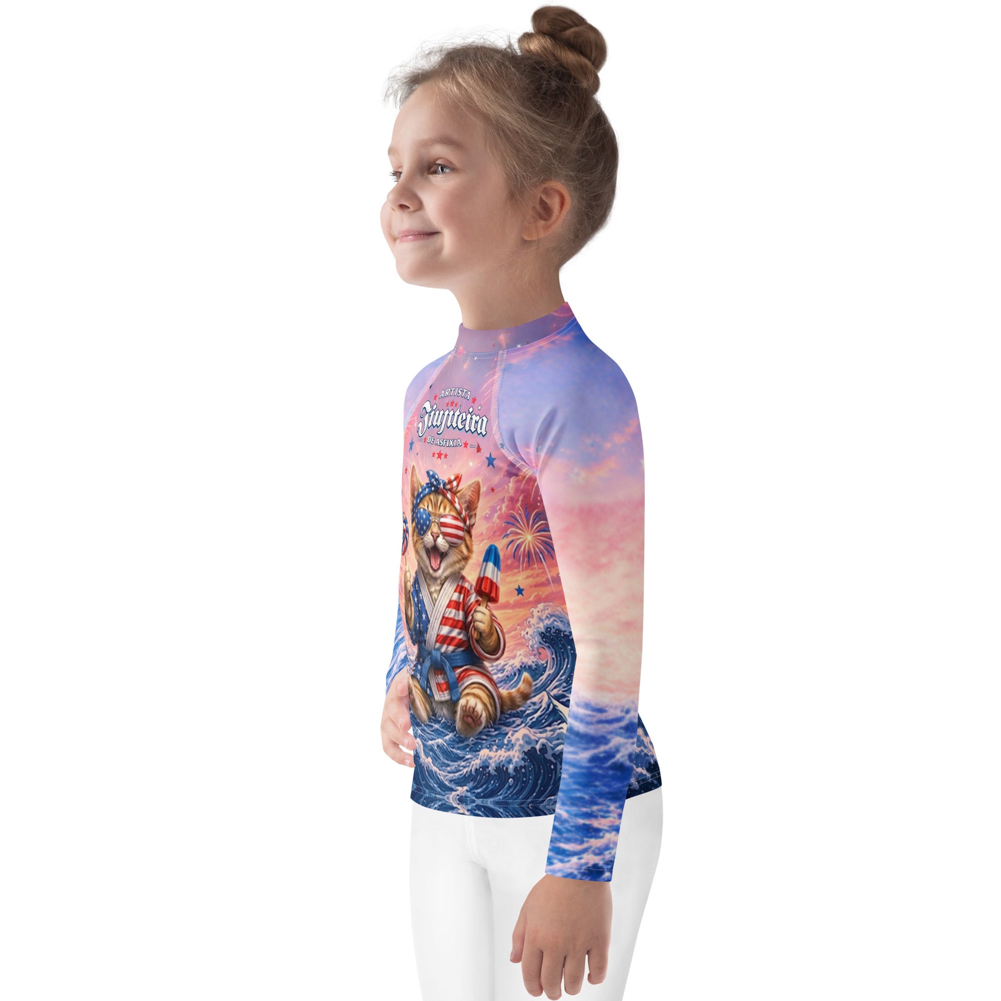 Kids Patriotic Cat Rash Guard | Funny 4th of July BJJ Rashguard for Boys & Girls | Jiujiteira No-Gi Compression Shirt