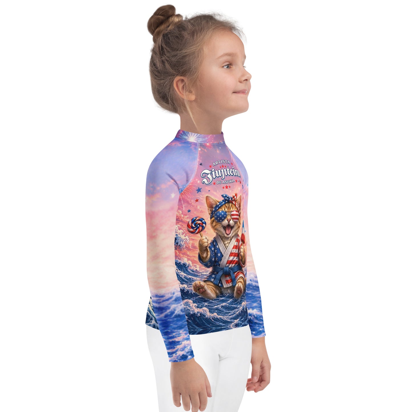 Kids Patriotic Cat Rash Guard | Funny 4th of July BJJ Rashguard for Boys & Girls | Jiujiteira No-Gi Compression Shirt