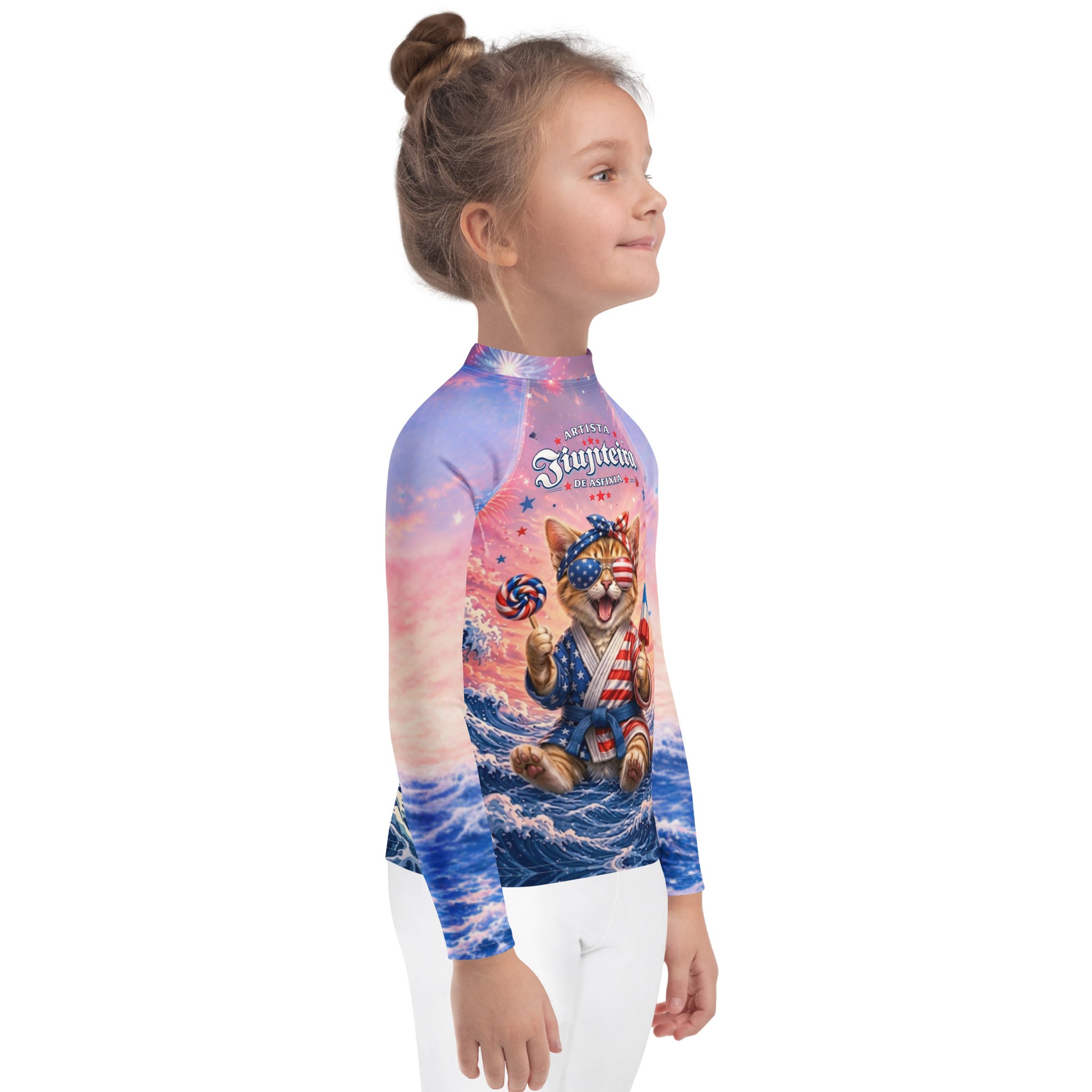 Kids Patriotic Cat Rash Guard | Funny 4th of July BJJ Rashguard for Boys & Girls | Jiujiteira No-Gi Compression Shirt