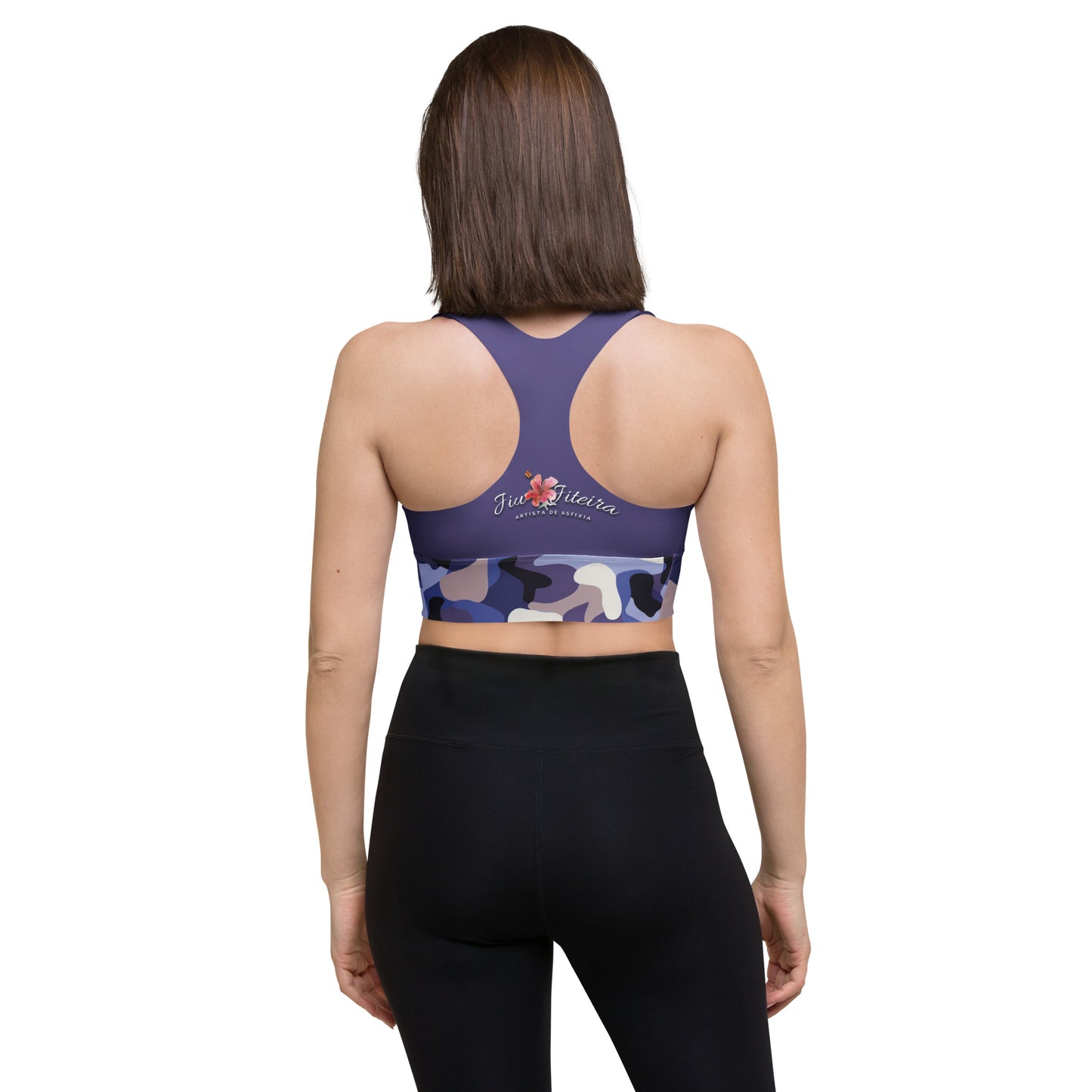 Longline sports bra- Jiujiteira Camouflage, Floral Logo, Purple