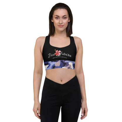 Longline sports bra- Jiujiteira Camouflage, Floral Logo, Black