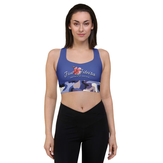 Longline sports bra- Jiujiteira Camouflage, Floral Logo, Blue