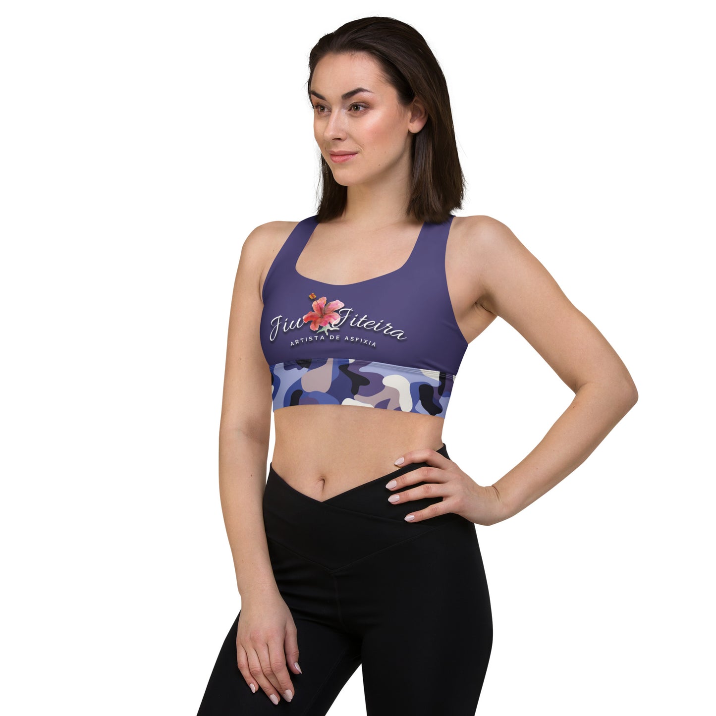 Longline sports bra- Jiujiteira Camouflage, Floral Logo, Purple