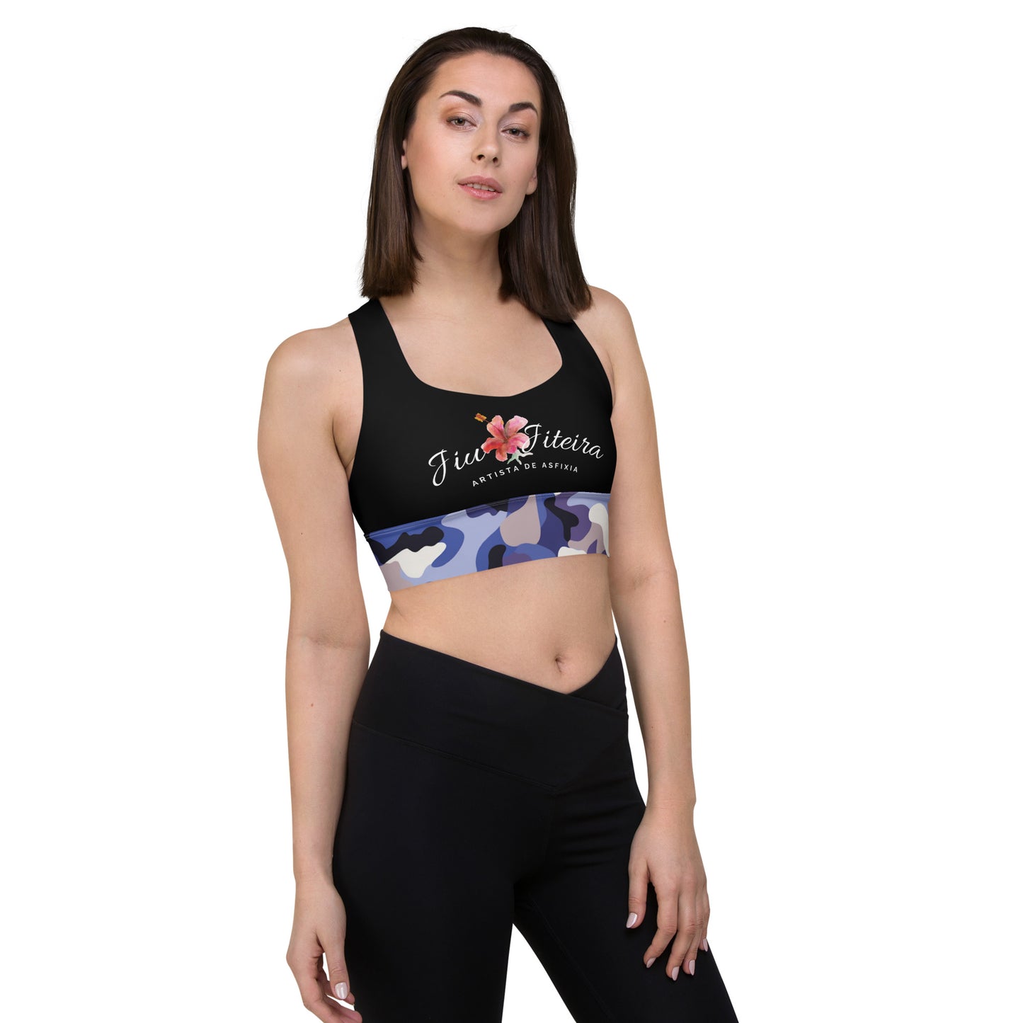 Longline sports bra- Jiujiteira Camouflage, Floral Logo, Black