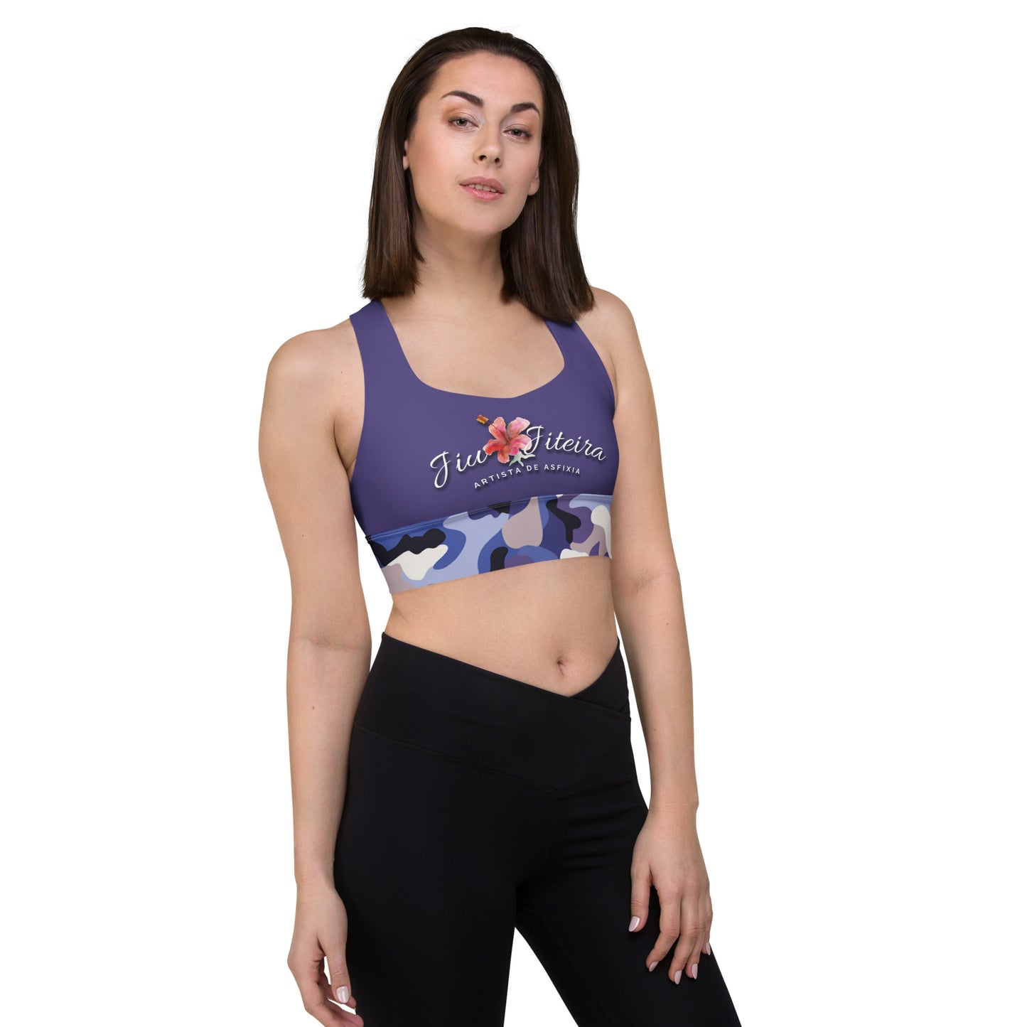 Longline sports bra- Jiujiteira Camouflage, Floral Logo, Purple