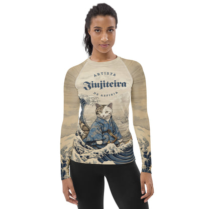 Women's Rash Guard- Jiujitsu Kitty in Gi, White and Tan