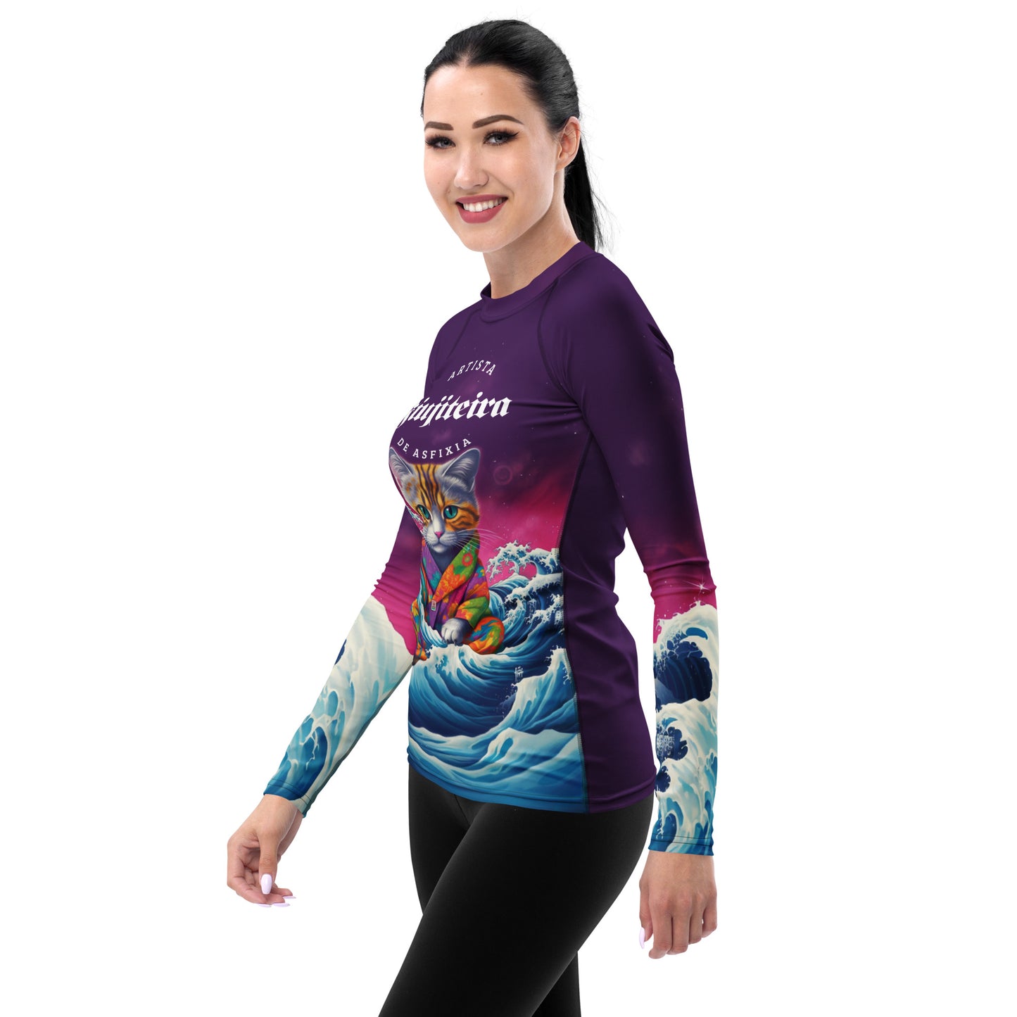 Women's Rash Guard- Jiujitsu Kitty in Gi, Purple BJJ Rashguard