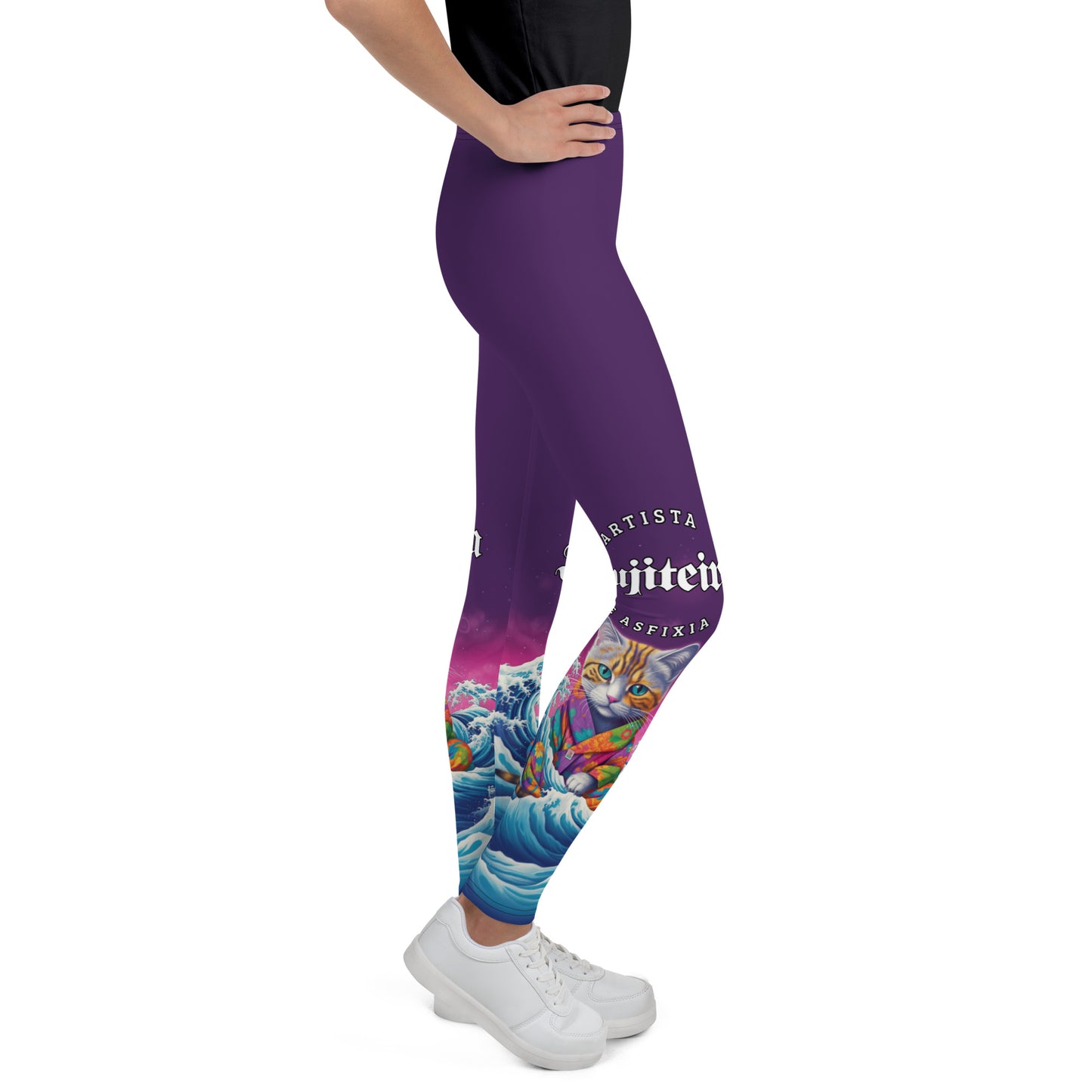 Youth Leggings - Great Wave Inspired Jiujiteira Kitten