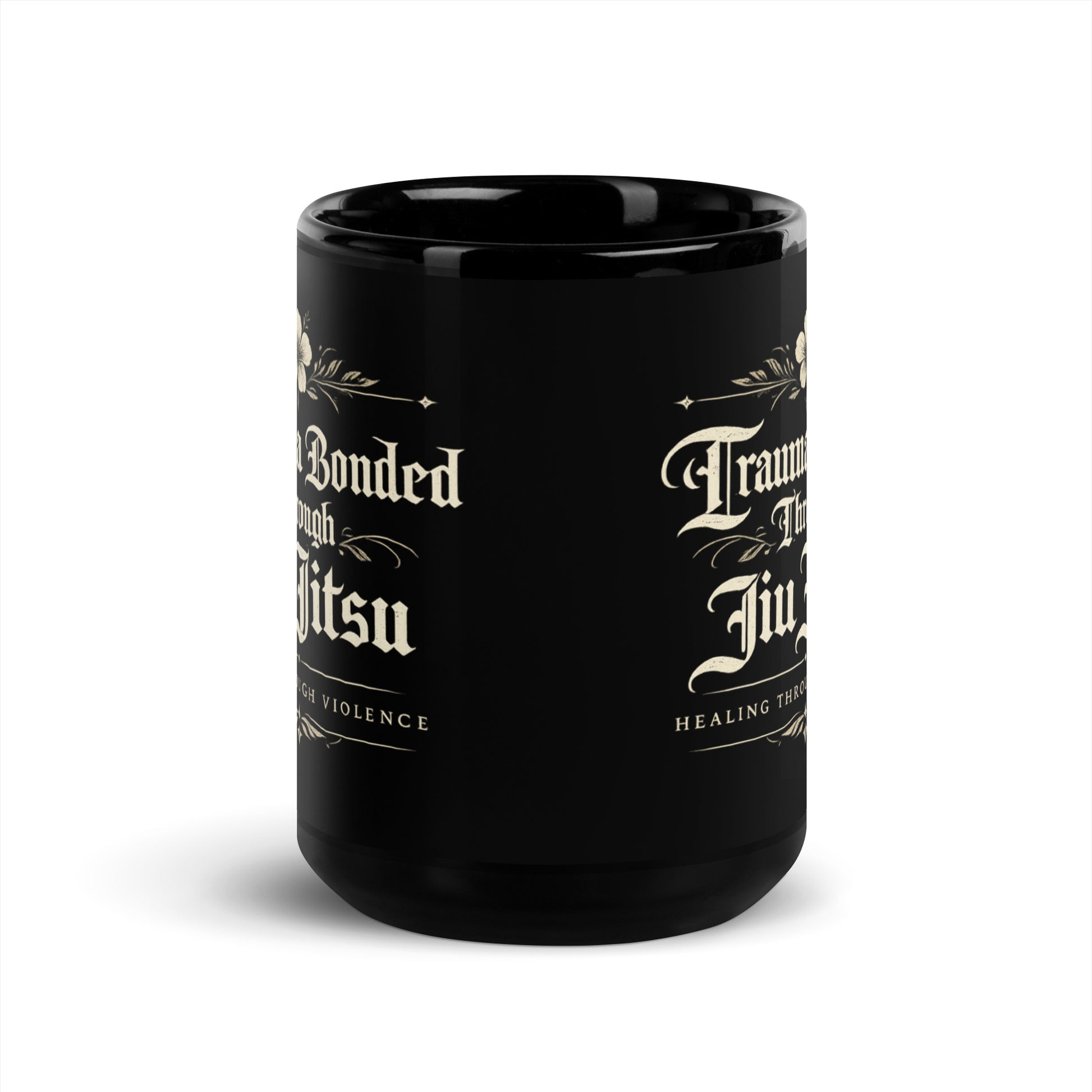 Trauma Bonded Through Jiu Jitsu Black Glossy Mug – Funny BJJ Coffee Mug for Grapplers