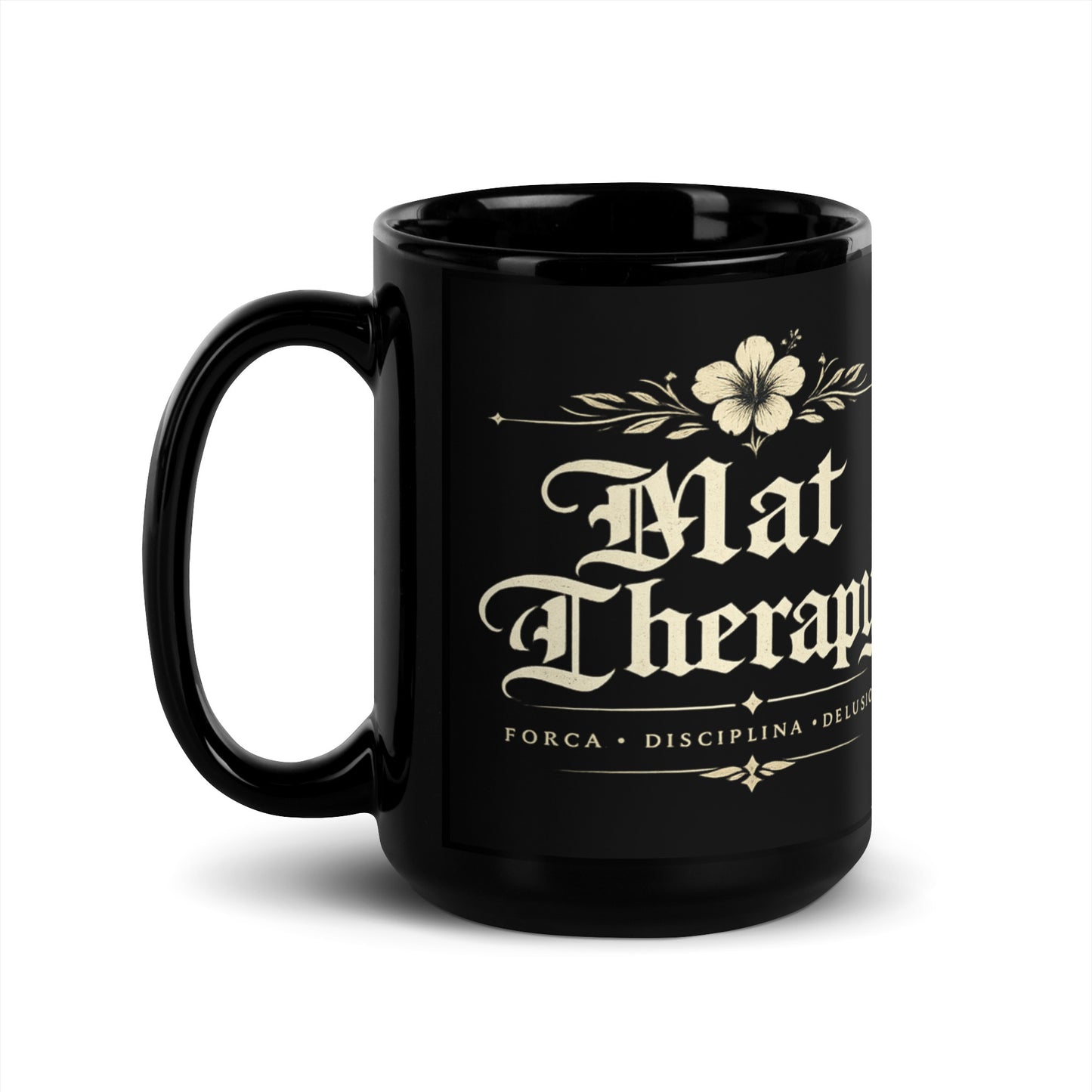 Mat Therapy Black Glossy Mug – Funny Brazilian Jiu Jitsu Coffee Mug for Grapplers