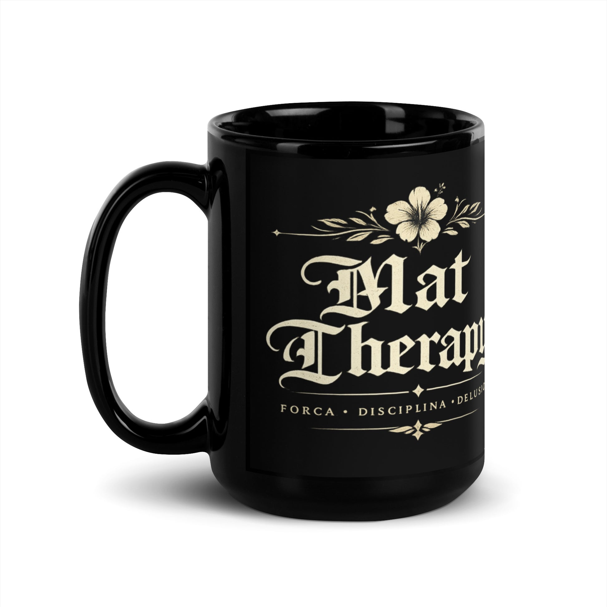 Mat Therapy Black Glossy Mug – Funny Brazilian Jiu Jitsu Coffee Mug for Grapplers