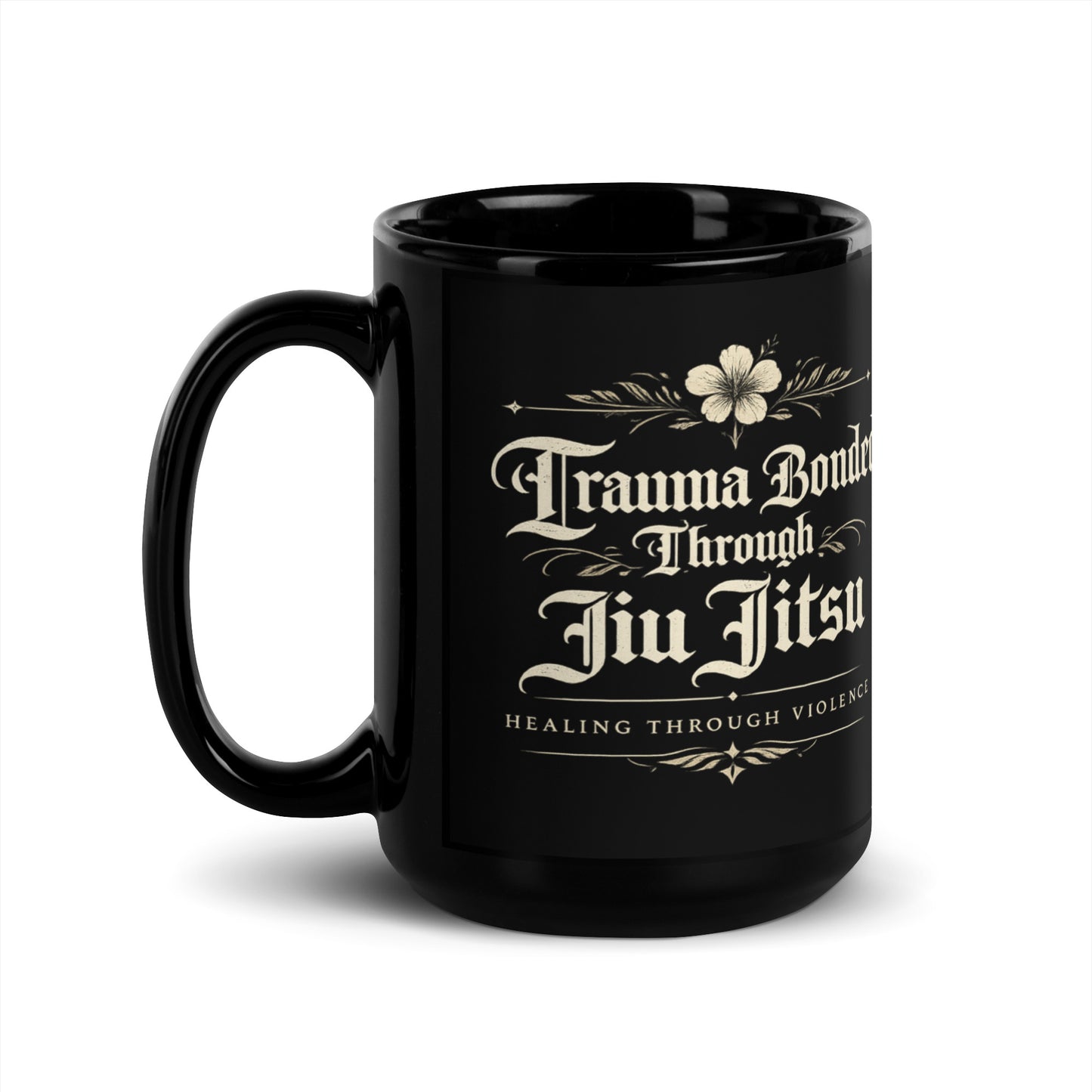 Trauma Bonded Through Jiu Jitsu Black Glossy Mug – Funny BJJ Coffee Mug for Grapplers