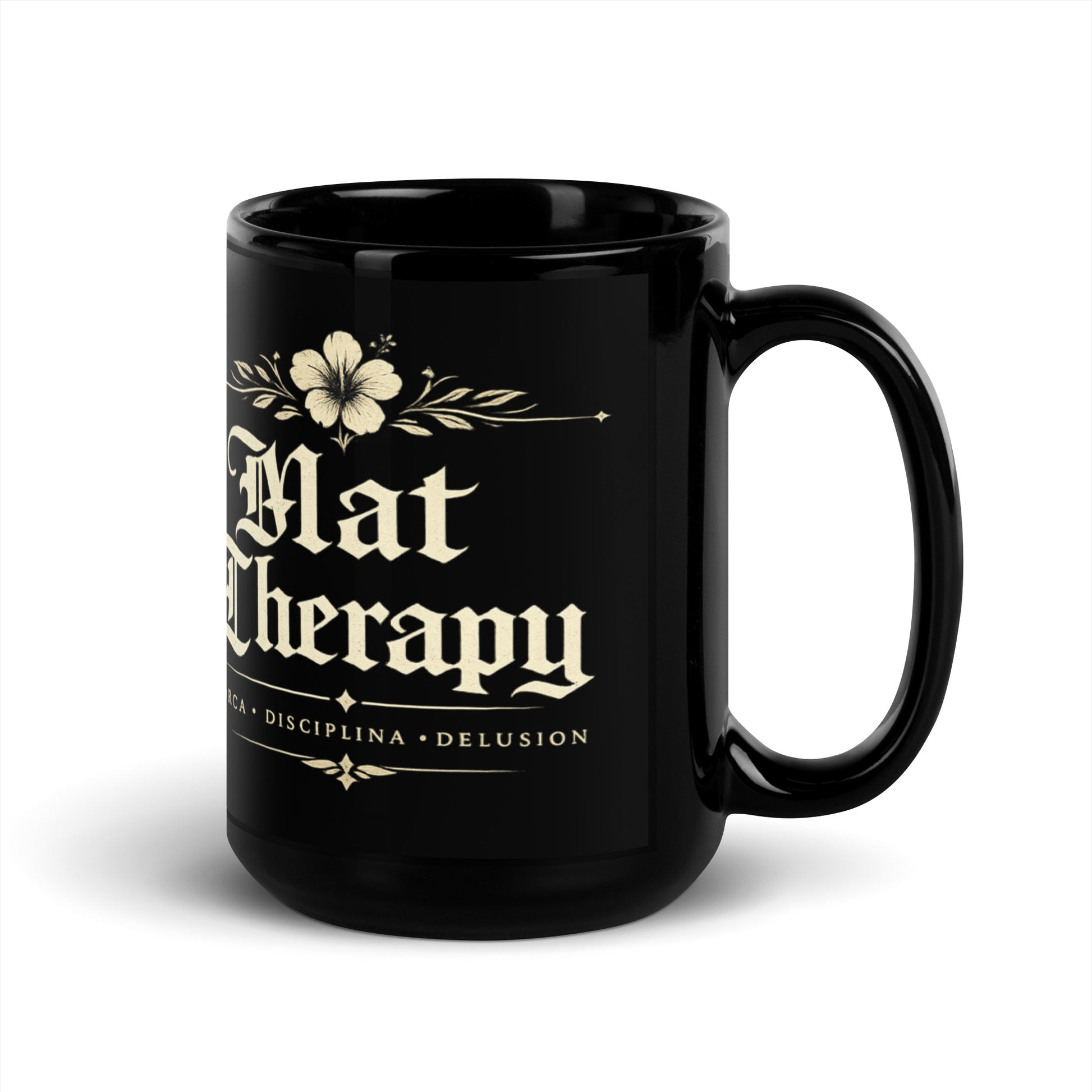 Mat Therapy Black Glossy Mug – Funny Brazilian Jiu Jitsu Coffee Mug for Grapplers