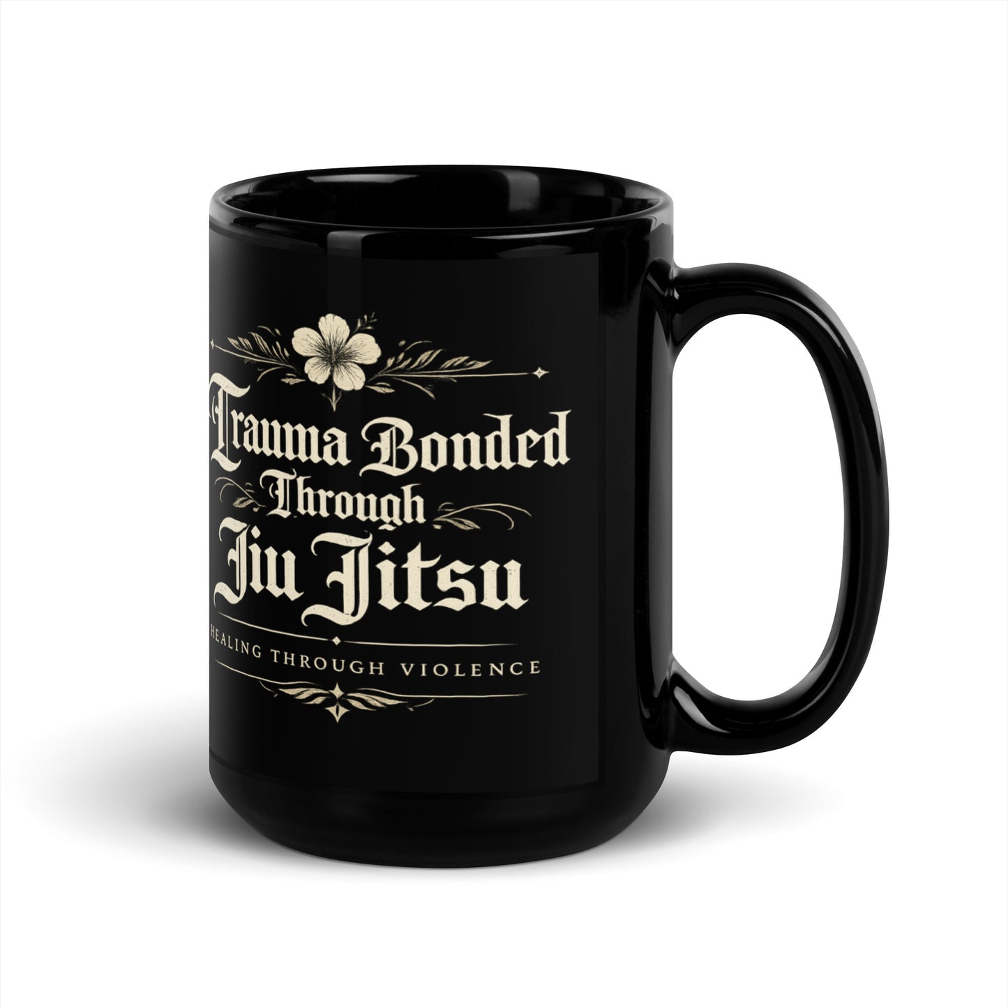 Trauma Bonded Through Jiu Jitsu Black Glossy Mug – Funny BJJ Coffee Mug for Grapplers