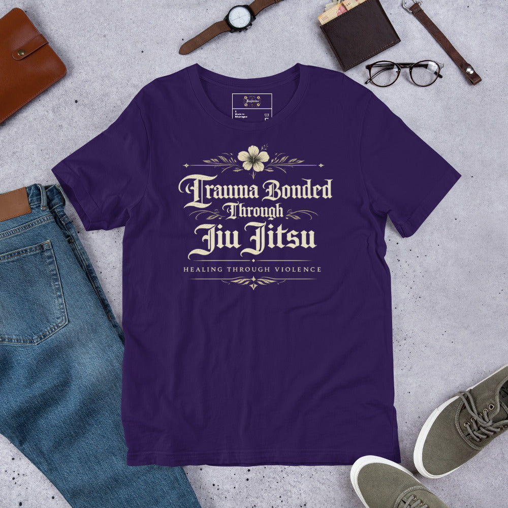 Trauma Bonded Through Jiu Jitsu Unisex Graphic T-Shirt – Funny BJJ Lifestyle Shirt for Grapplers