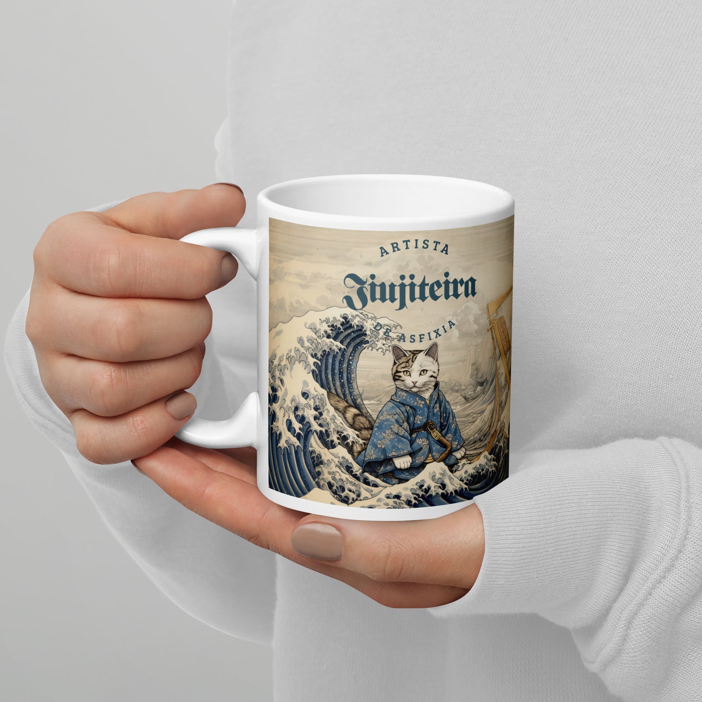 White glossy mug- Jiujitsu Kitty in Gi, Tan BJJ Coffee Cup, Jiujitsu Kitty in a Gi, The Women of Jiujitsu