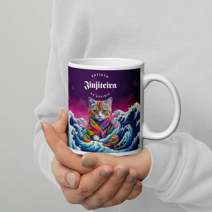 White glossy mug- Jiujitsu Kitty in Gi, Purple BJJ Coffee Cup, Jiujitsu Kitty in a Gi, The Women of Jiujitsu