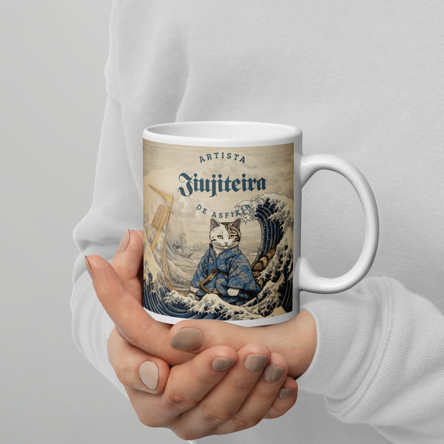 White glossy mug- Jiujitsu Kitty in Gi, Tan BJJ Coffee Cup, Jiujitsu Kitty in a Gi, The Women of Jiujitsu