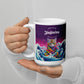 White glossy mug- Jiujitsu Kitty in Gi, Purple BJJ Coffee Cup, Jiujitsu Kitty in a Gi, The Women of Jiujitsu