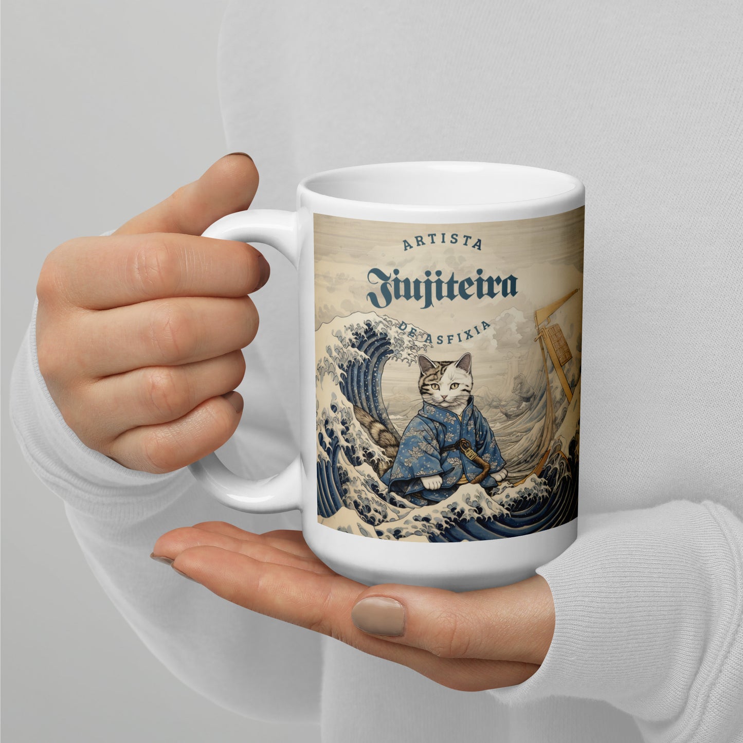 White glossy mug- Jiujitsu Kitty in Gi, Tan BJJ Coffee Cup, Jiujitsu Kitty in a Gi, The Women of Jiujitsu
