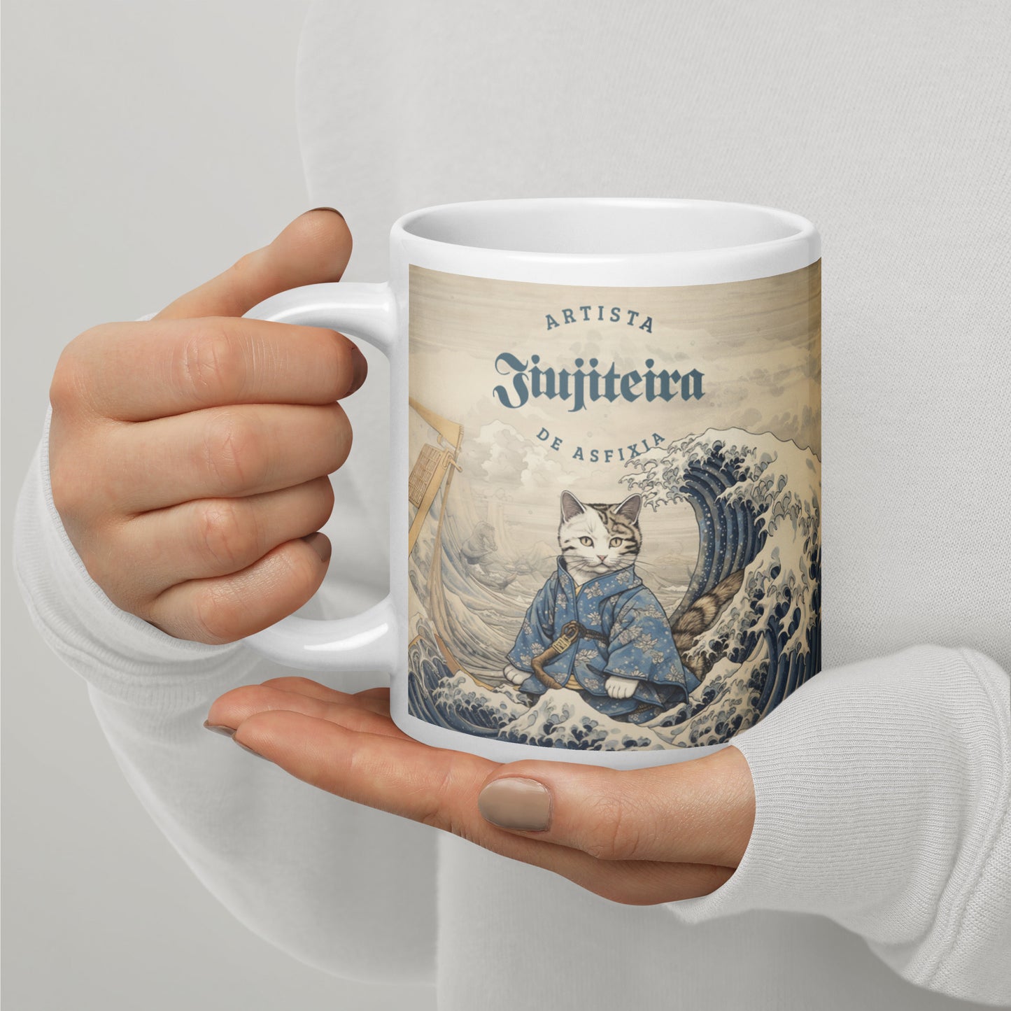 White glossy mug- Jiujitsu Kitty in Gi, Tan BJJ Coffee Cup, Jiujitsu Kitty in a Gi, The Women of Jiujitsu