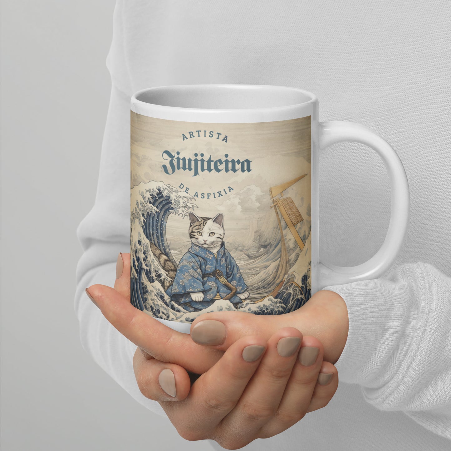 White glossy mug- Jiujitsu Kitty in Gi, Tan BJJ Coffee Cup, Jiujitsu Kitty in a Gi, The Women of Jiujitsu
