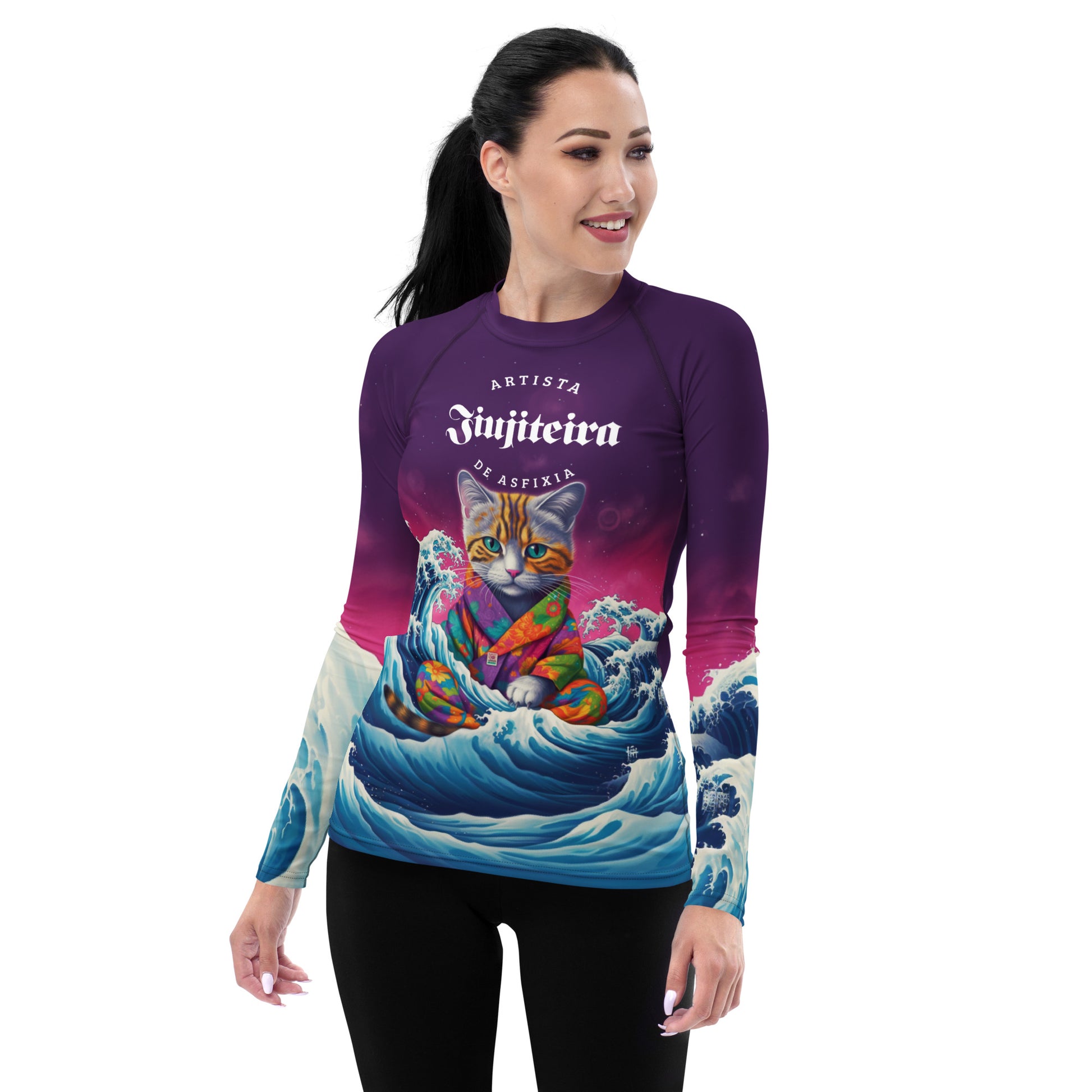 grappling gear Women's BJJ Rash Guard - Jiujitsu Kitty in Gi Purple