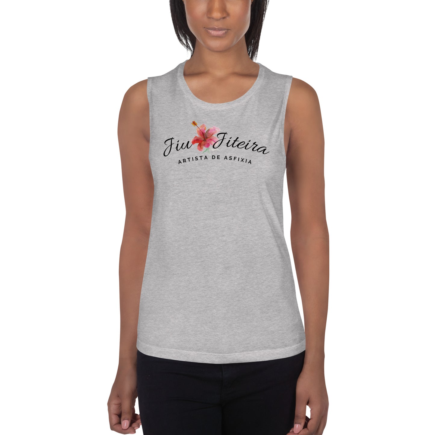 Ladies’ Muscle Tank- Jiujiteira Artista De Asfixia Floral Black Logo