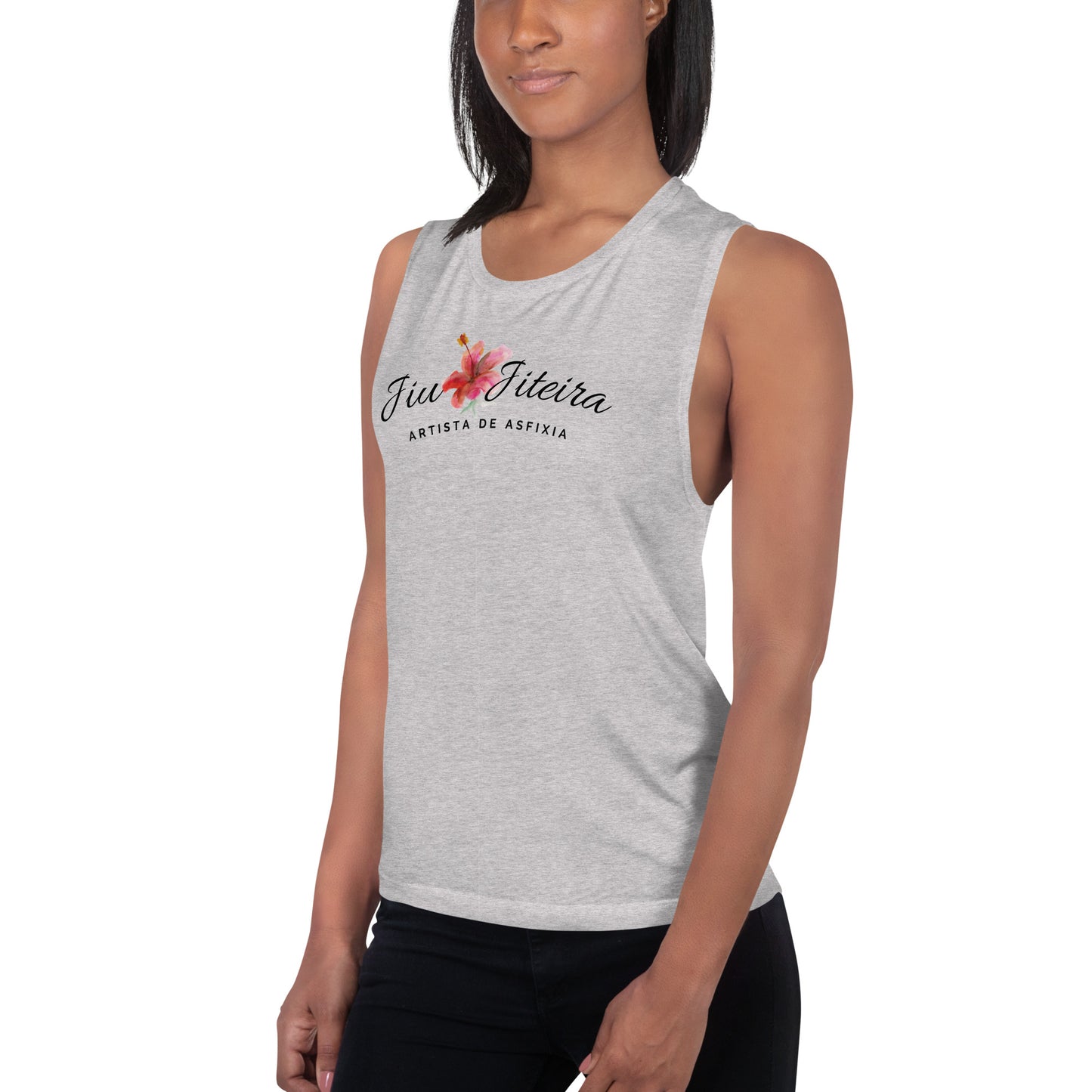 Ladies’ Muscle Tank- Jiujiteira Artista De Asfixia Floral Black Logo