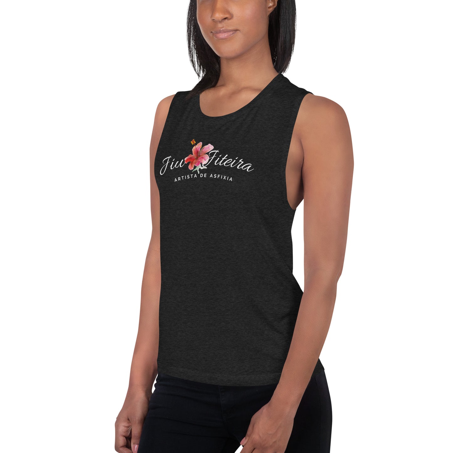 Ladies’ Muscle Tank- Jiujiteira Artista De Asfixia Floral :Logo White