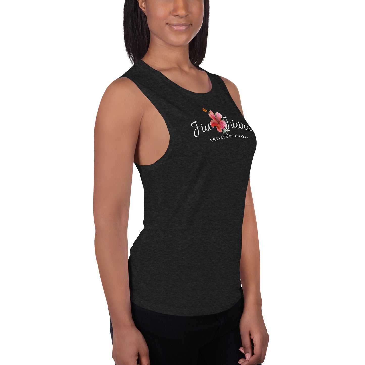 Ladies’ Muscle Tank- Jiujiteira Artista De Asfixia Floral :Logo White