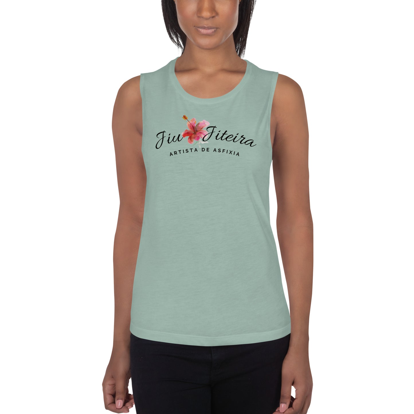 Ladies’ Muscle Tank- Jiujiteira Artista De Asfixia Floral Black Logo