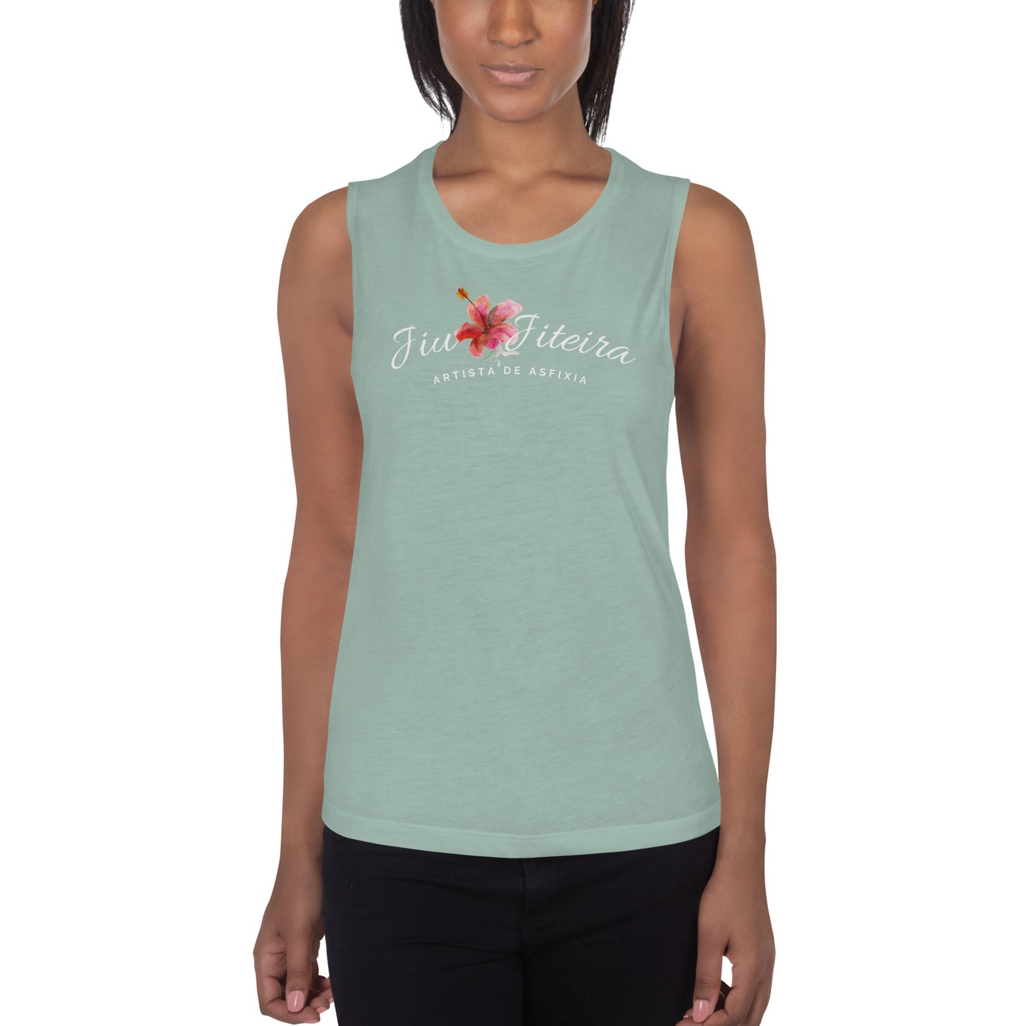 Ladies’ Muscle Tank- Jiujiteira Artista De Asfixia Floral :Logo White