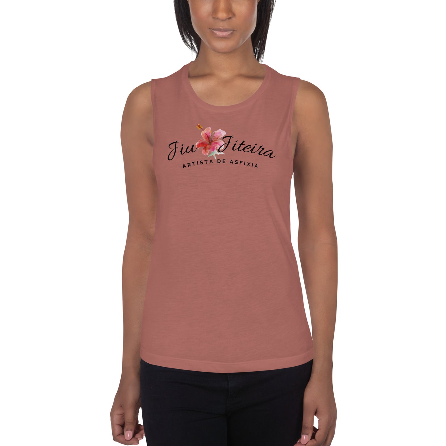 Ladies’ Muscle Tank- Jiujiteira Artista De Asfixia Floral Black Logo