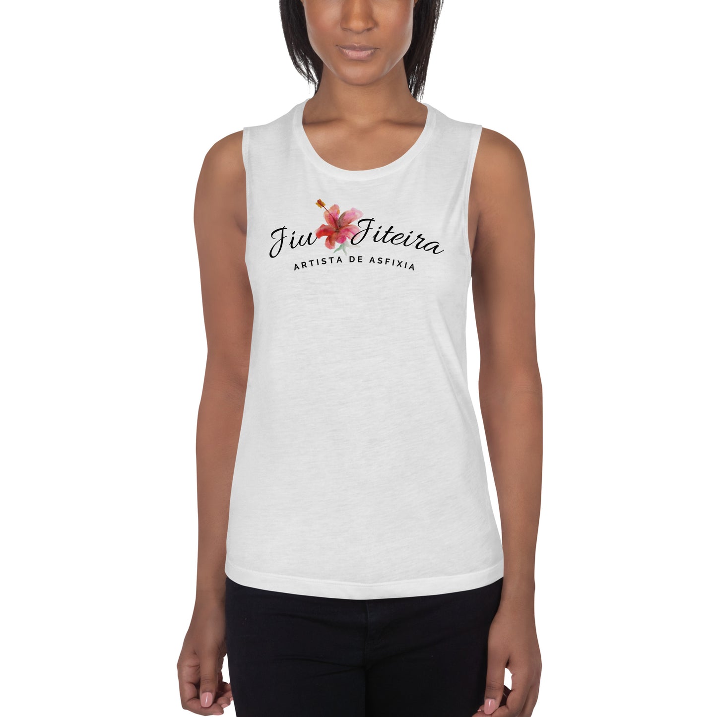 Ladies’ Muscle Tank- Jiujiteira Artista De Asfixia Floral Black Logo