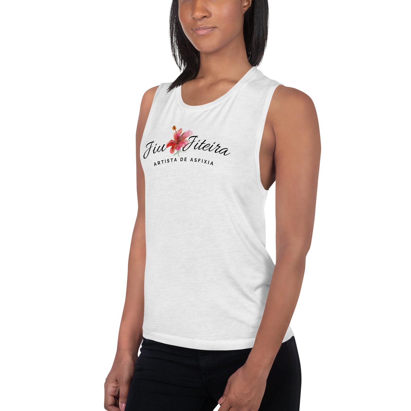 Ladies’ Muscle Tank- Jiujiteira Artista De Asfixia Floral Black Logo