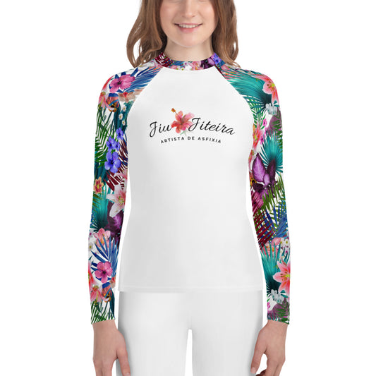 Youth Rash Guard sizes (8-14)- JiuJiteira Logo Tropical Floral White - The Women of Jiujitsu