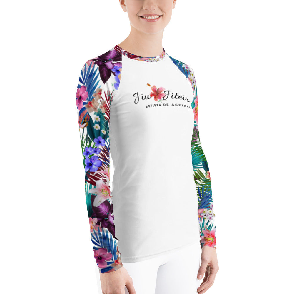 Women's Rash Guard- JiuJitsu Tropical White - The Women of Jiujitsu