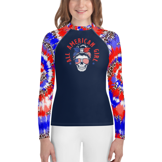 Youth Rash Guard sizes (8-14)- All American Girl Skull Patriotic Rash guard - The Women of Jiujitsu