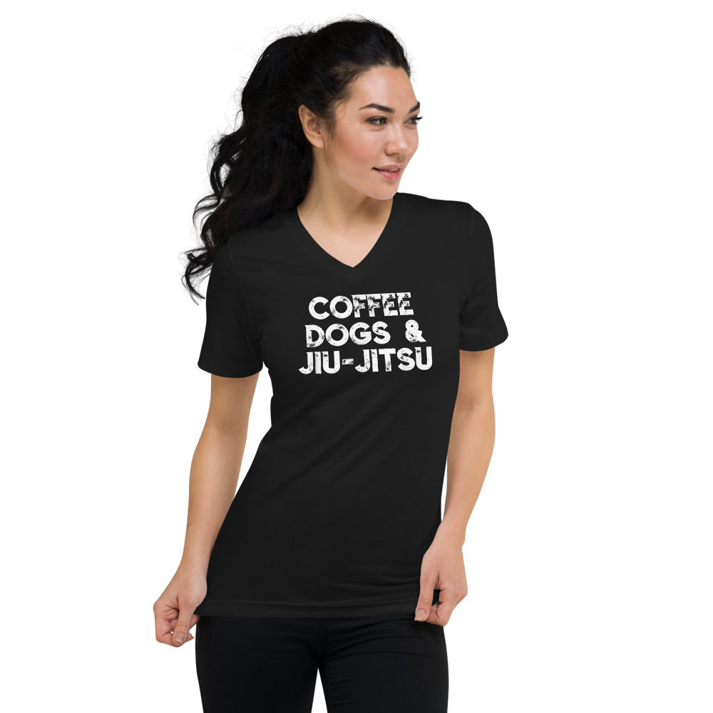Unisex Short Sleeve V-Neck - Coffee, Dogs and Jiujitsu - The Women of Jiujitsu