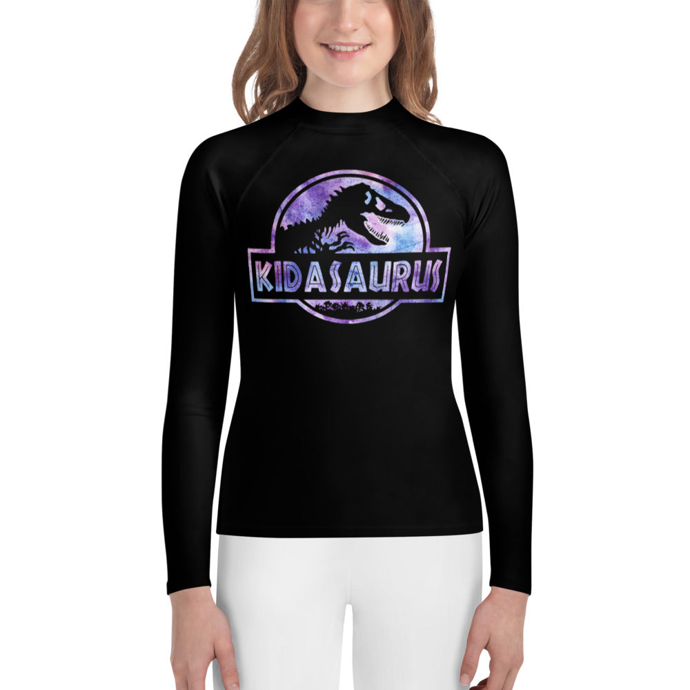 Youth  Rash Guard- T-Rex Dinosaur Kidasaurus Rash gaurd Sizes 8-14 Black - The Women of Jiujitsu