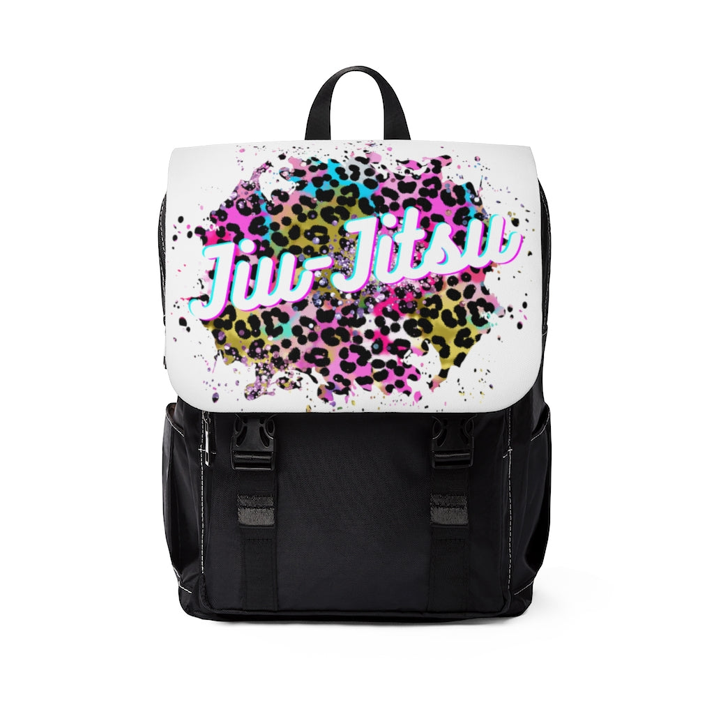 Unisex Casual Shoulder Backpack- JiuJitsu Love Neon Leopard Patch White - The Women of Jiujitsu