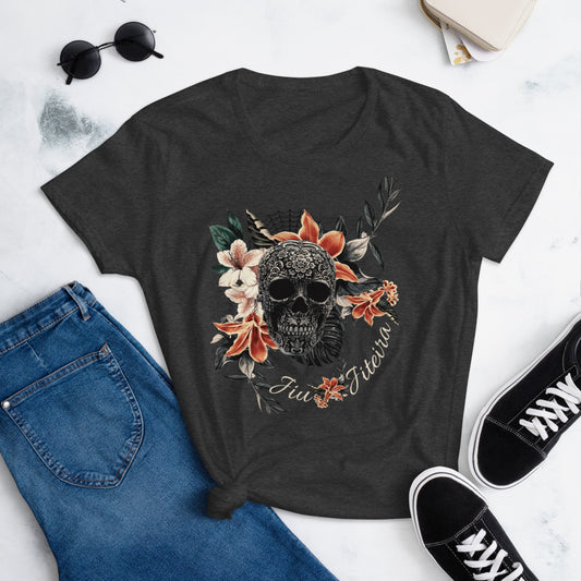 Women's short sleeve t-shirt- JiuJiteira Tropical Sugar Skull Logo - The Women of Jiujitsu