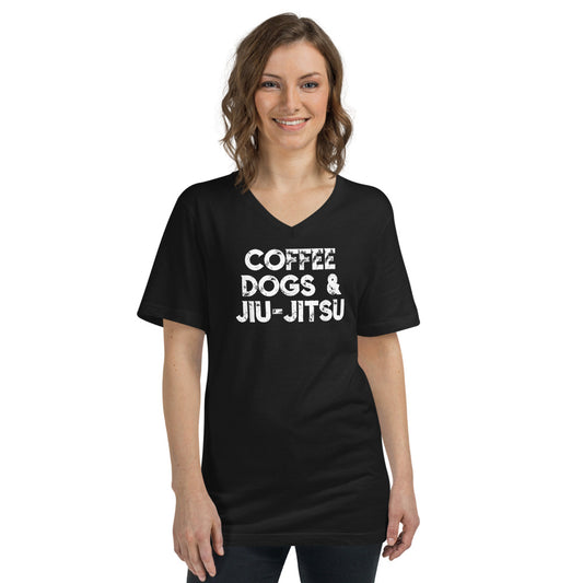 Unisex Short Sleeve V-Neck - Coffee, Dogs and Jiujitsu - The Women of Jiujitsu