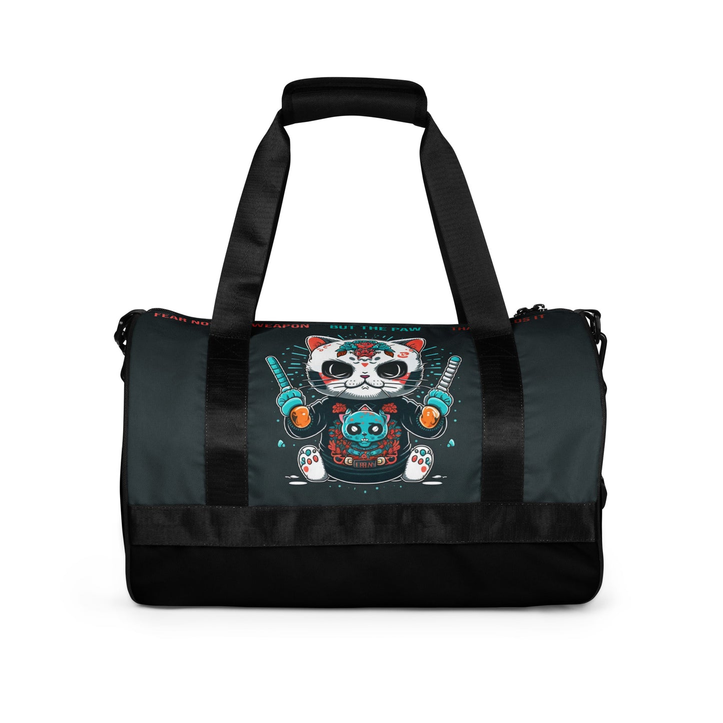 All-over print gym bag- Ninja Cat Seashell, Fear Not The Weapon But The Paw That Wields It