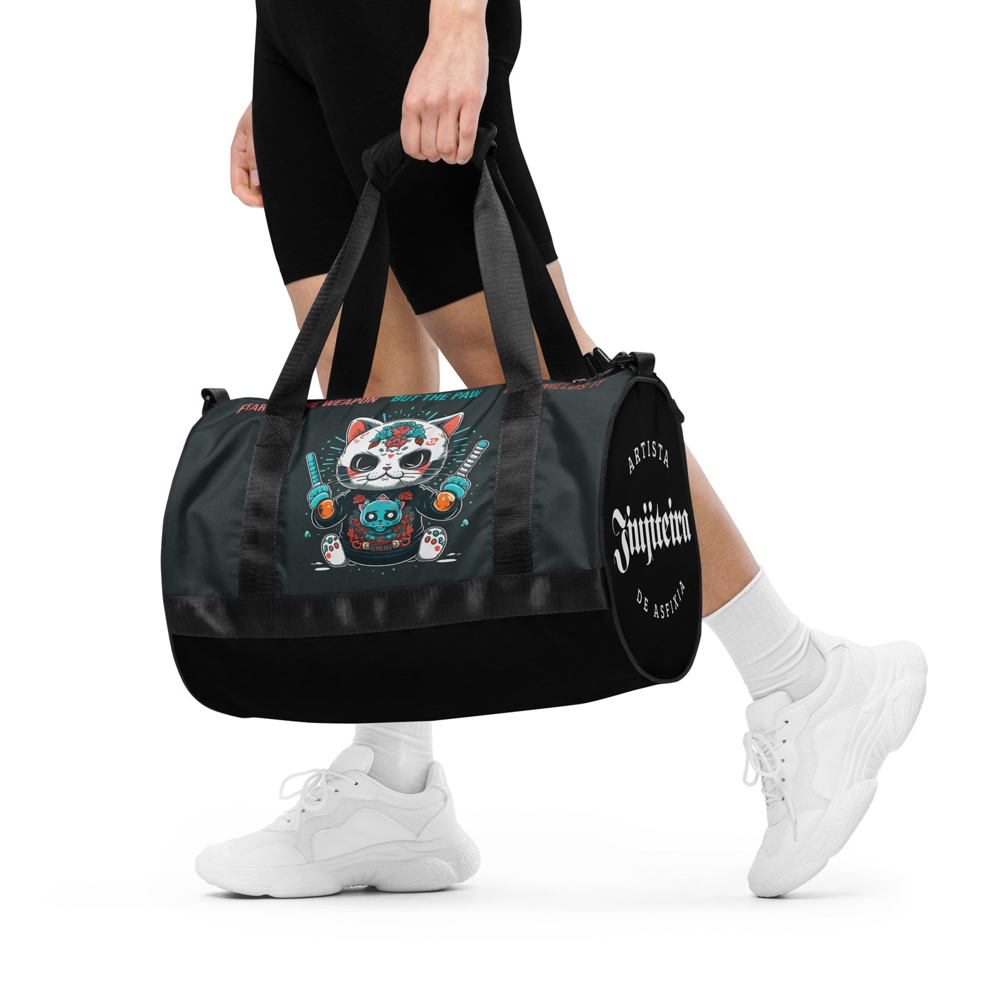 All-over print gym bag- Ninja Cat Seashell, Fear Not The Weapon But The Paw That Wields It