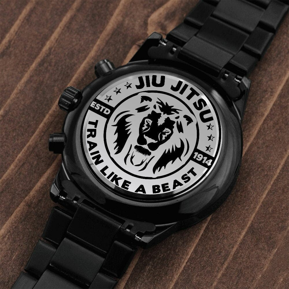 Presentes de JiuJitsu para ele, pai de Jiu-Jitsu, relógio cronógrafo preto com design gravado, trem de Jiujitsu como uma fera