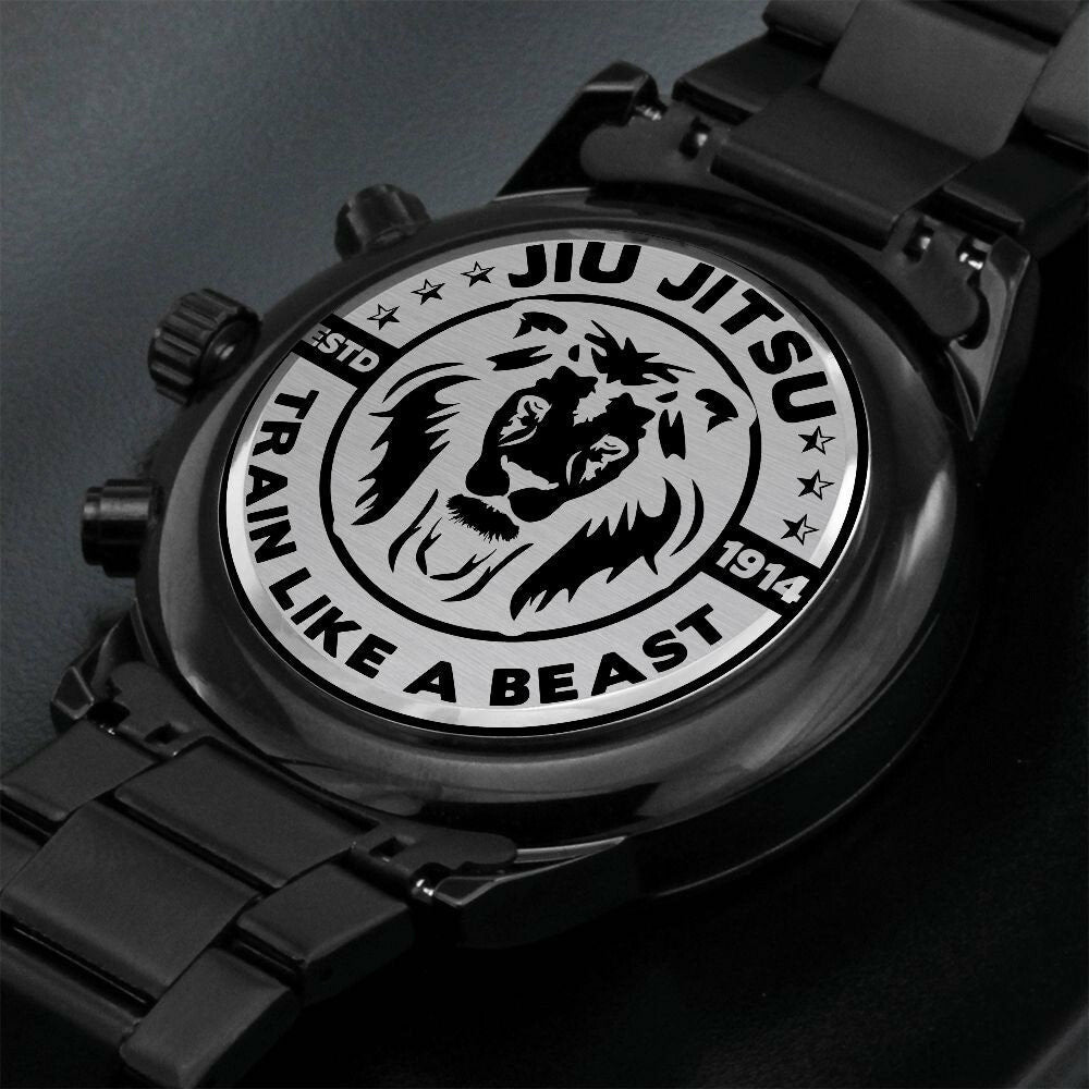 Regalos de JiuJitsu para él, papá BJJ, reloj cronógrafo negro con diseño grabado, tren de Jiujitsu como una bestia